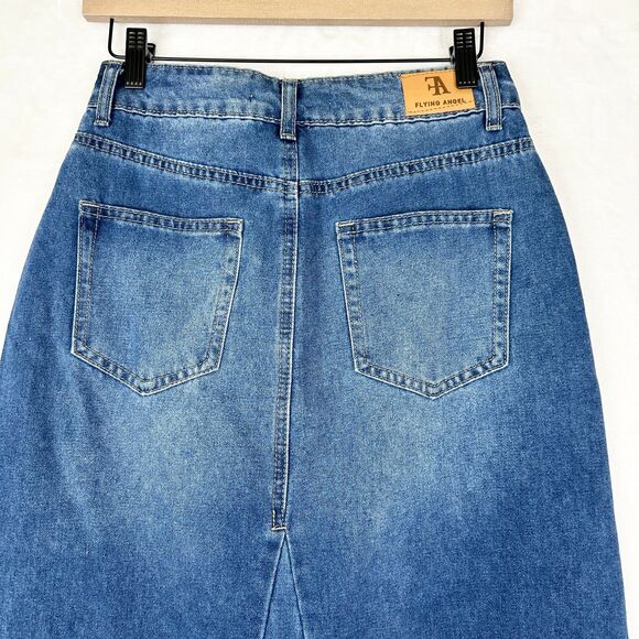 Flying Angel Slit Denim Maxi Skirt Size 27 Y2K Western Boho Stretch Medium Wash - Picture 4 of 6
